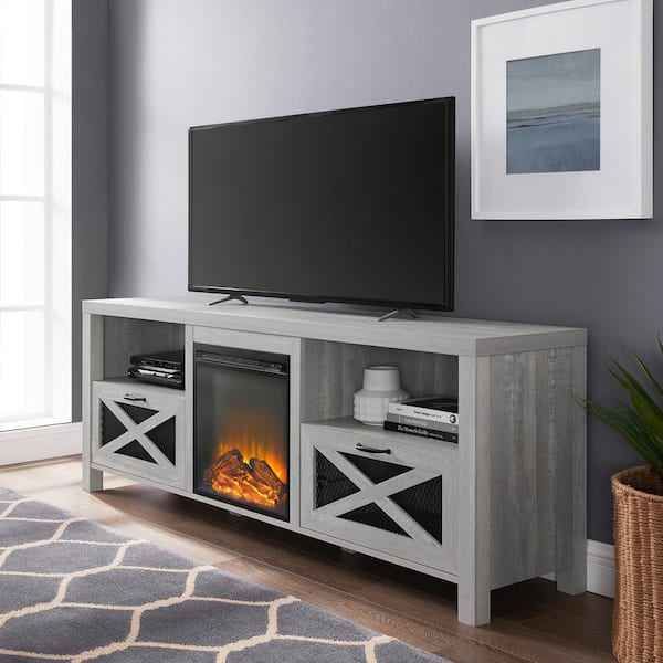 Walker Edison Furniture Company Abilene 70 in. Stone Grey TV Stand with Electric Fireplace (Max tv size 80 in.)