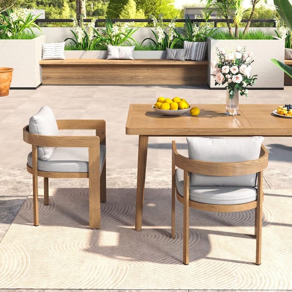 Teak Finish Aluminum Frame Outdoor Dining Chairs with Light Gray Cushion (Set of 2)