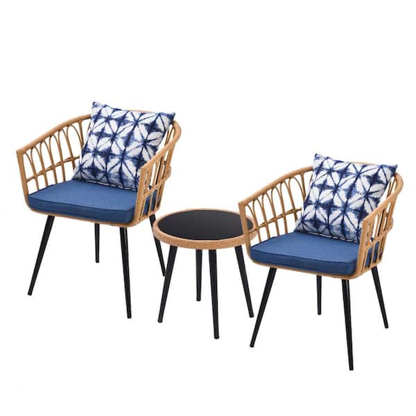 Unbranded 3-Piece Wicker Patio Conversation Sets with Blue Cushions and Glass Coffee Table Outdoor Rattan Patio Porch Furniture