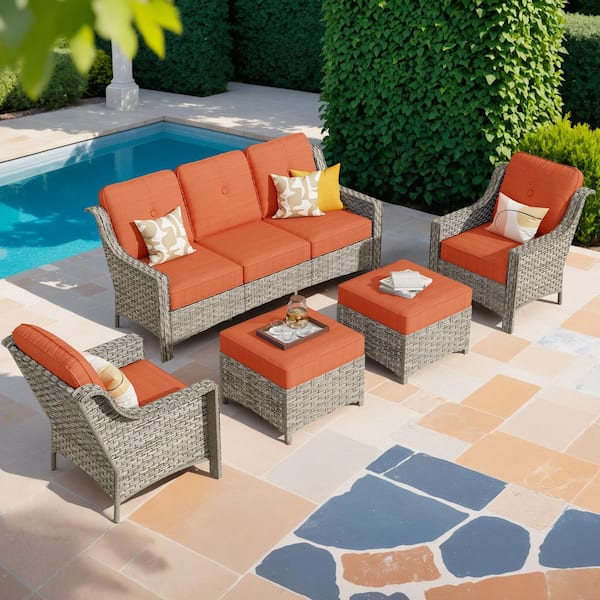 Toject Eureka Grey 5-Piece Wicker Modern Outdoor Patio Conversation Sofa Seating Set with Orange Red Cushions