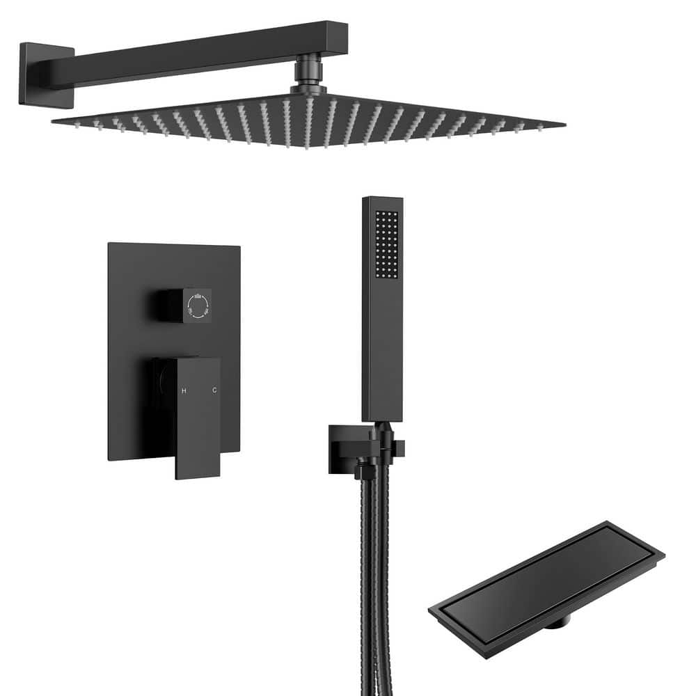 2-Spray Wall Mount Square Dual Fixed and Handheld Shower Head 2.5 GPM with Shower Drain in Matte Black Valve Included price history on PriceWatchPro
