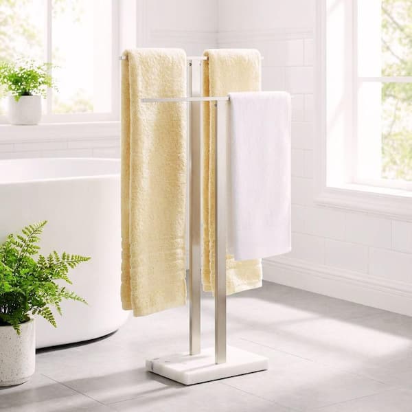 Bathroom Freestanding Towel Rack 2-Tier 33 in. H with Marble Base 18/8 Stainless Steel in Brushed Nickel