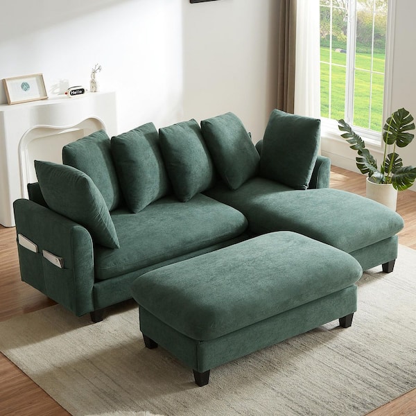 83 in. Chenille L-Shaped Sectional Sofa in Green with Storage Ottoman and Seats, 6-Throw Pillows