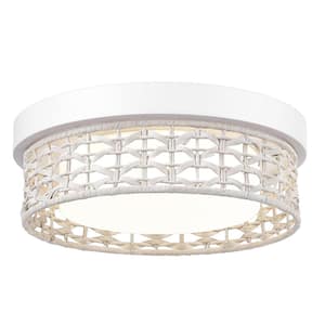 11 in. White Rattan Modern Integrated LED Flush Mount with Handwoven Rattan Shade and No Bulbs Included