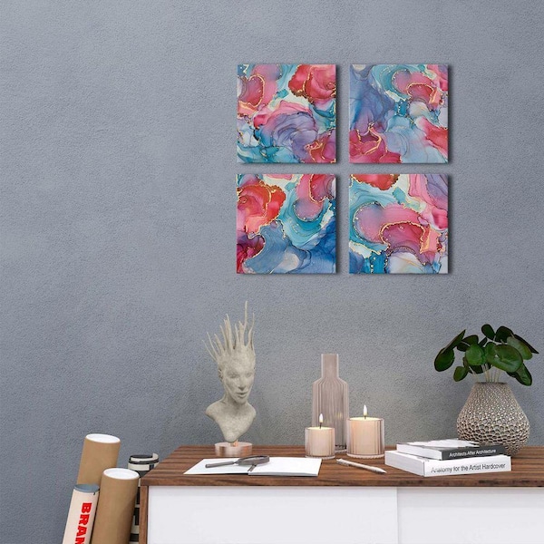 4-Piece Turquoise Ink Texture Canvas Prints Fantasy Fluid Liquid