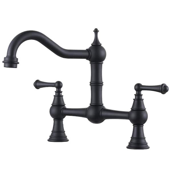 WOWOW Double Handle Bridge Kitchen Faucet with 360° Swivel in Matte Black