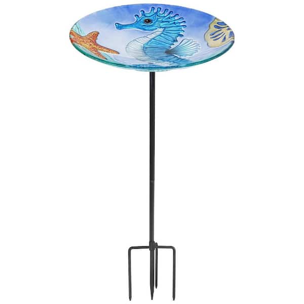 25 in. H x 11 in. Dia Seahorse Glass Birdbath with Metal Stake