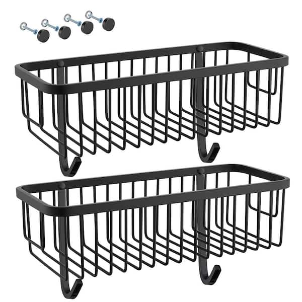 2 Pack Stainless Steel Wall Mounted Rectangle Shower Caddy Shower Basket with 2 Hooks in Matte Black