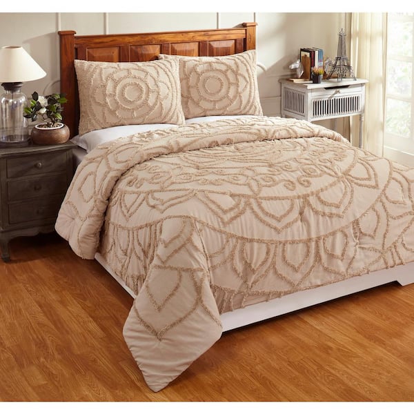 Better Trends Cleo Comforter 2-Piece Floral Design Taupe Twin 100% Cotton Tufted Chenille Comforter Set