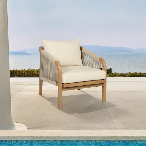 Armen Living Cypress Light Brown Eucalyptus Wood Outdoor Lounge Chair with Ivory Cushion