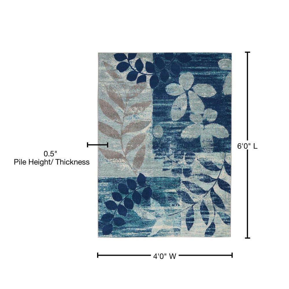 Navy and Light Blue Floral Synthetic 4' x 6' Area Rug