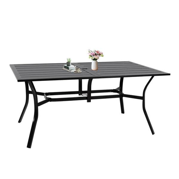Unbranded Black Metal Outdoor Patio Dining Table for 6, Rectangle Bistro Dining Table, Table Top with 1.57 in. Umbrella Hole