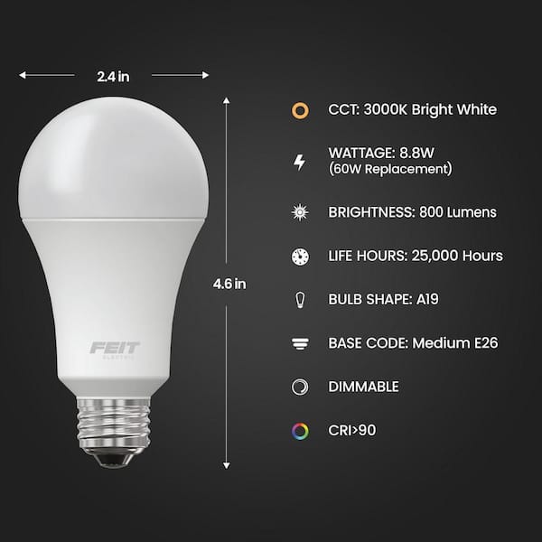 60-Watt Equivalent A19 Dimmable CEC Title 20 90+ CRI E26 Medium LED Light Bulb, Bright White 3000K (24-Pack)