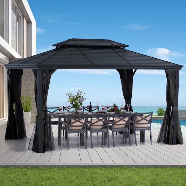 10 ft. x 13 ft. Dark Gray Aluminum Hardtop Gazebo with Double Roof Canopy, Gray Curtains and Netting
