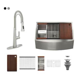 Stainless Steel Sink 36 in. Single Bowl Farmhouse Apron Kitchen Sink with 2-Function Brushed Nickel Kitchen Faucet
