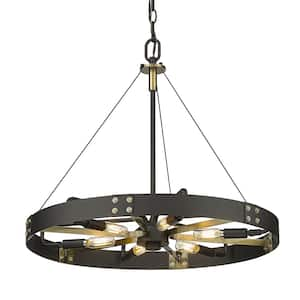 Vaughn 6-Light Natural Black Aged Brass Accents Wagon Wheel Medium Pendant Light