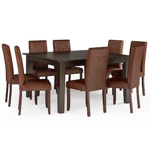 Acadian Transitional 9-Piece Dining Set with 8 Parson Chair in Distressed Saddle Brown Faux Leather and 54 in. W Table
