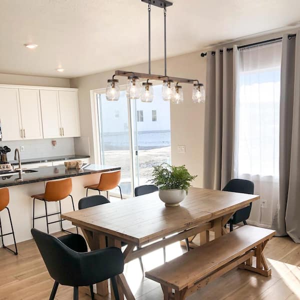 Modern Farmhouse 6-Light Oil Rubbed Bronze Island Chandelier with Clear Mason Jar Glass Shade and Faux Wood Accent