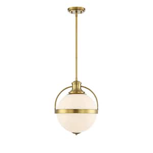 Westbourne 12.75 in. W x 16.5 in. H 1-Light Warm Brass Shaded Pendant Light with White Glass Shade