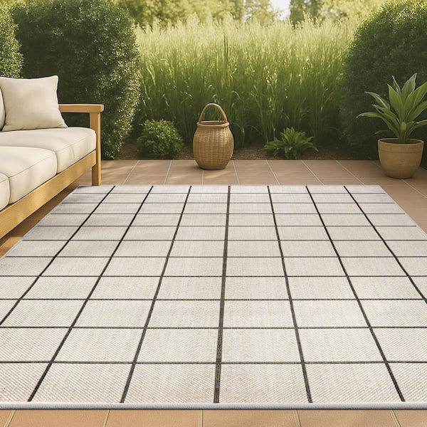 Grid Modern Cream/Black 5 ft. x 8 ft. Squares Indoor/Outdoor Area Rug