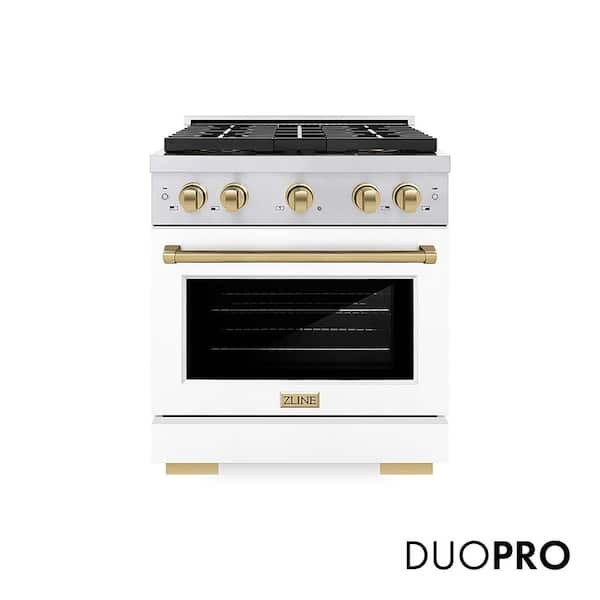 Autograph 30 in. 4.2 cu. ft. Gas Range with 4-Burner Cooktop and Gas Oven in Stainless with White Matte and Champagne