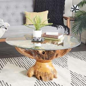 38 in. Brown Teak Wood Round Glass Top Coffee Table with Live Edge