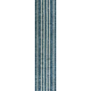 Blue/Cream 2 ft. x 8 ft. Vichy Geometric Striped Machine-Washable Runner Rug