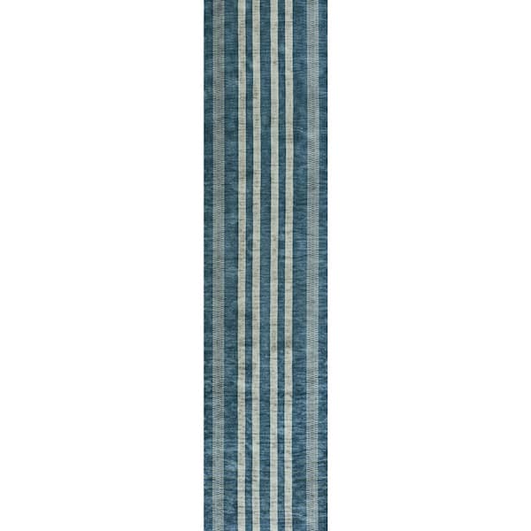 Blue/Cream 2 ft. x 8 ft. Vichy Geometric Striped Machine-Washable Runner Rug