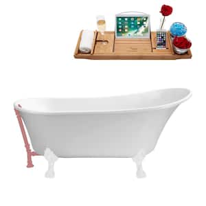 63 in. x 28.3 in. Acrylic Clawfoot Soaking Bathtub in Glossy White with Glossy White Claw Feet and Matte Pink Drain