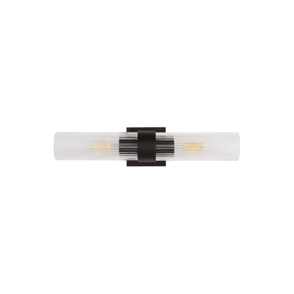 Aged Iron 2-Light Dimmable Cylinder Bath Sconce with Clear Fluted Glass