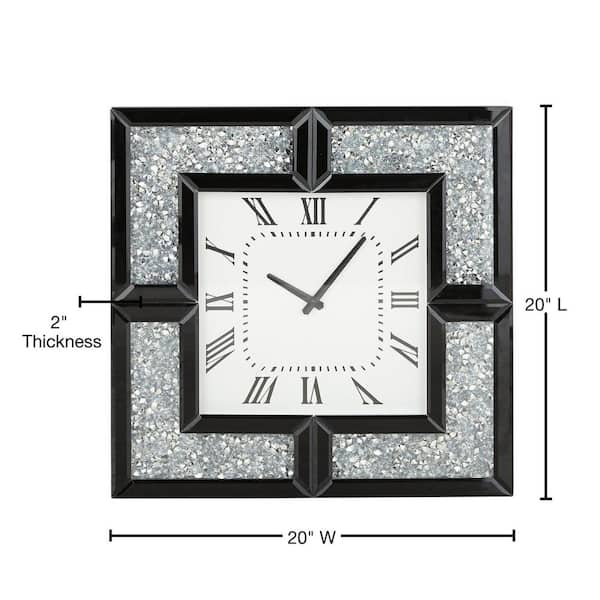 20 in. x 20 in. Black Glass Mirrored Wall Clock with Floating Crystals