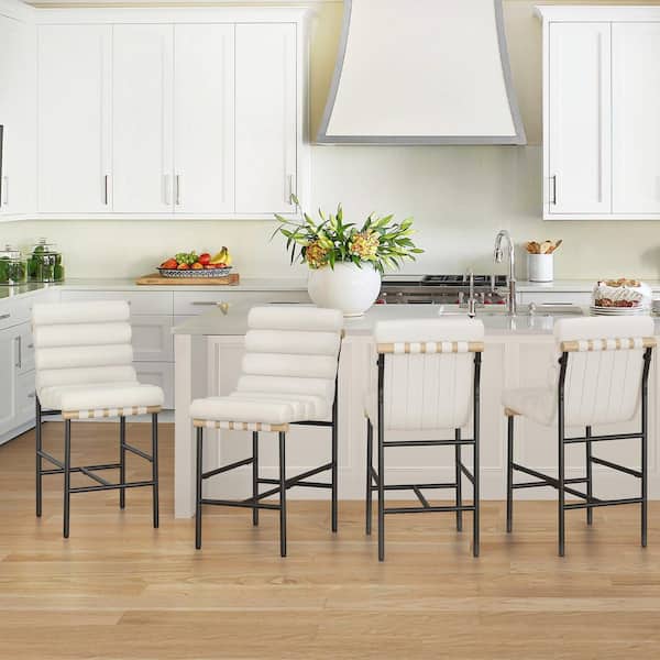 26" Beige Fabric Upholstered Counter Height Bar Stool Black Metal Legs Counter Stools w/ Tufted Back & Cushion Set of 4