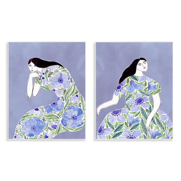 Stupell Industries Floral Women on Purple by Melissa Wang 2-Pieces Unframed People Graphic Art Print 14 in. x 11 in.