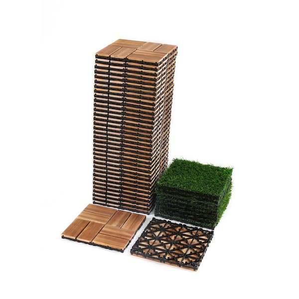 FIROMO 12 in. x 12 in. Plastic DIY Wood/Simulated Lawn Interlocking Deck Tiles, Outdoor Patio/Pool All-Weather Floor (44-Pack)