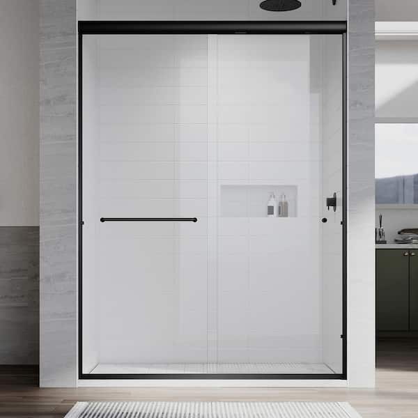 UNIKOO UKD12 56 to 60 in. W x 76 in. H Double Sliding Semi-Frameless Shower Door in Matte Black, EnduroShield Clear Glass