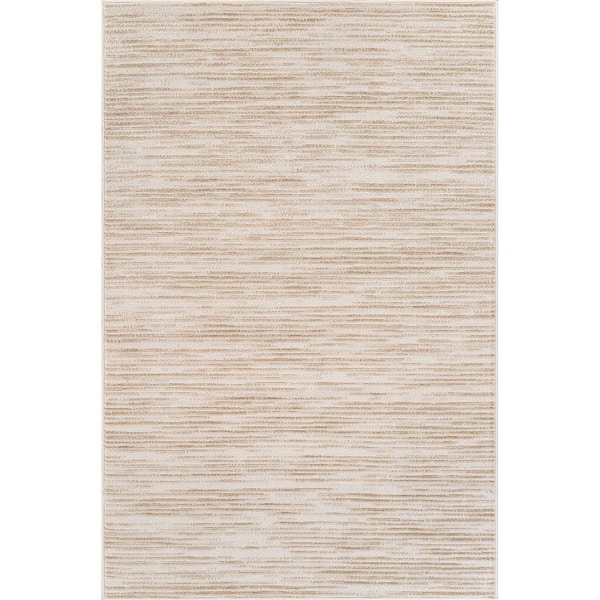 Linea Beige 5 ft. x 7 ft. Rubber Back Washable Modern Striped Indoor Outdoor Patio Area Rug
