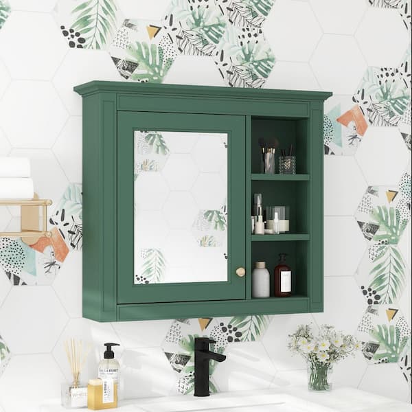 FUNKOL 29.92 x 7.32 x 28 In. Green Wall Mounted Modern Bathroom Storage Cabinet with Door Mirror and 3-Open Storage Dividers