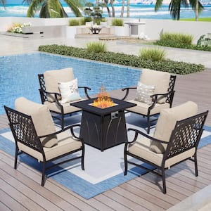 Black Metal Meshed 4 Seat 5-Piece Steel Outdoor Patio Conversation Set with Beige Cushions and Square Fire Pit Table