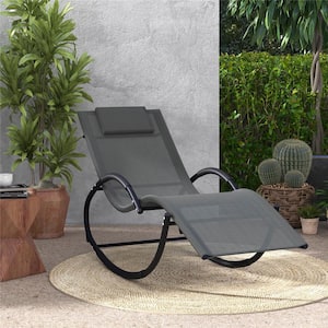 Grey Metal Outdoor Rocking Chair with Removable Headrest Breathable Backrest & Seat