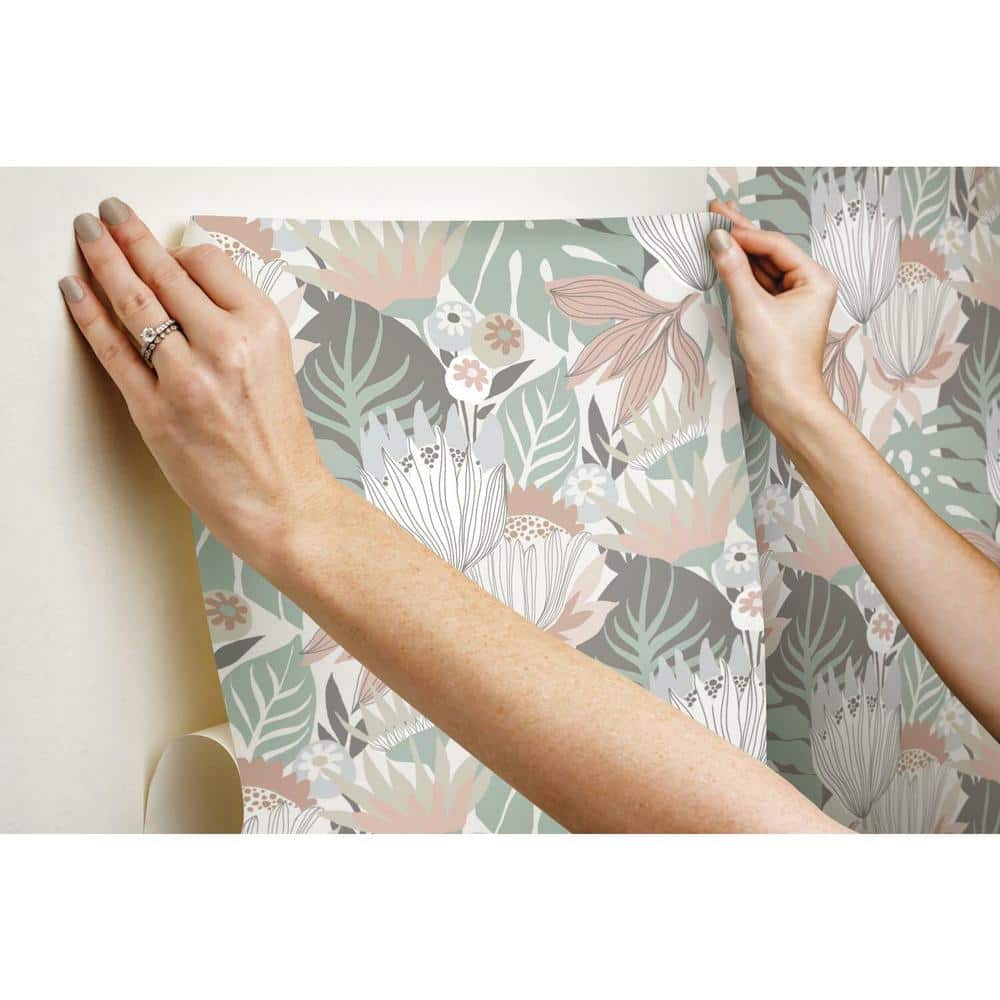 Pink and Green Tropical Leaves Peel and Stick Vinyl Wallpaper