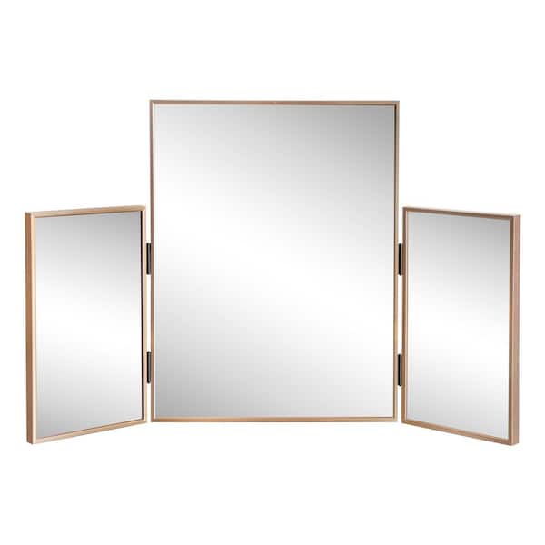 Orthos 30 in. W x 20 in. H Rectangular Trifold Aluminum Alloy Framed Vanity Mirror for Tabletop and Wall Mount, Gold