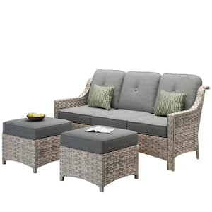 Eureka Grey 3-Piece Modern Wicker Outdoor Patio Conversation Sofa Seating Set with Dark Grey Cushions