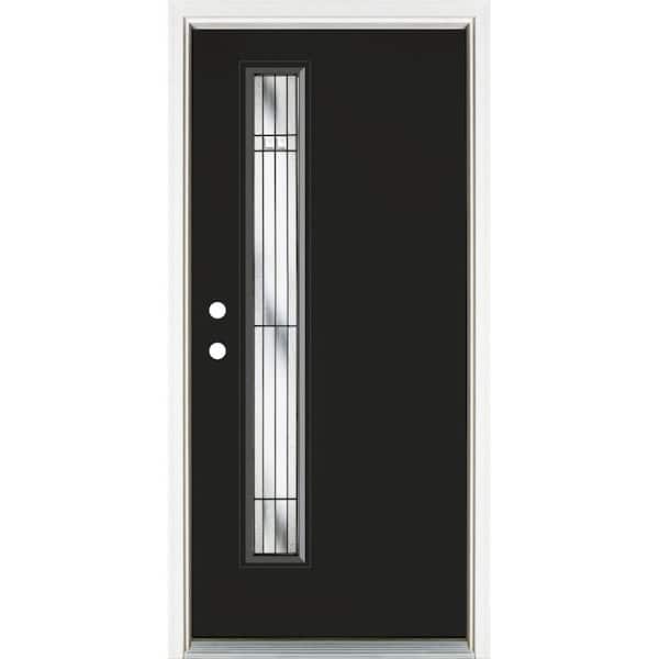 36 in. x 80 in. Right-Hand Narrow Lite Radiant Decorative Glass Black Painted Inswing Fiberglass Prehung Front Door