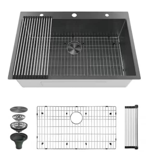 33 in. Drop-In 3-Hole Single Bowl 16-Gauge Gunmetal Black Stainless Steel R10 Round Corner Kitchen Sink with Accessories