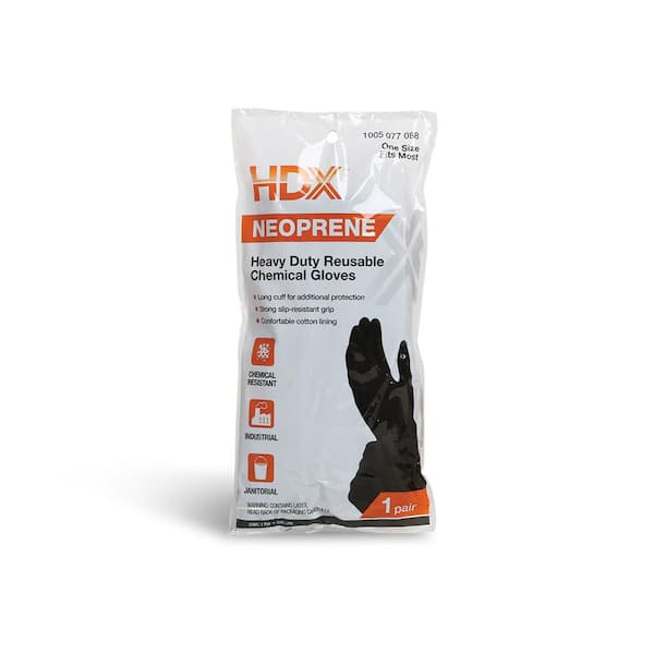 Black Neoprene Long-Cuff Reusable Gloves, Flock-Lined, for Chemicals, Harsh Cleaners and Painting