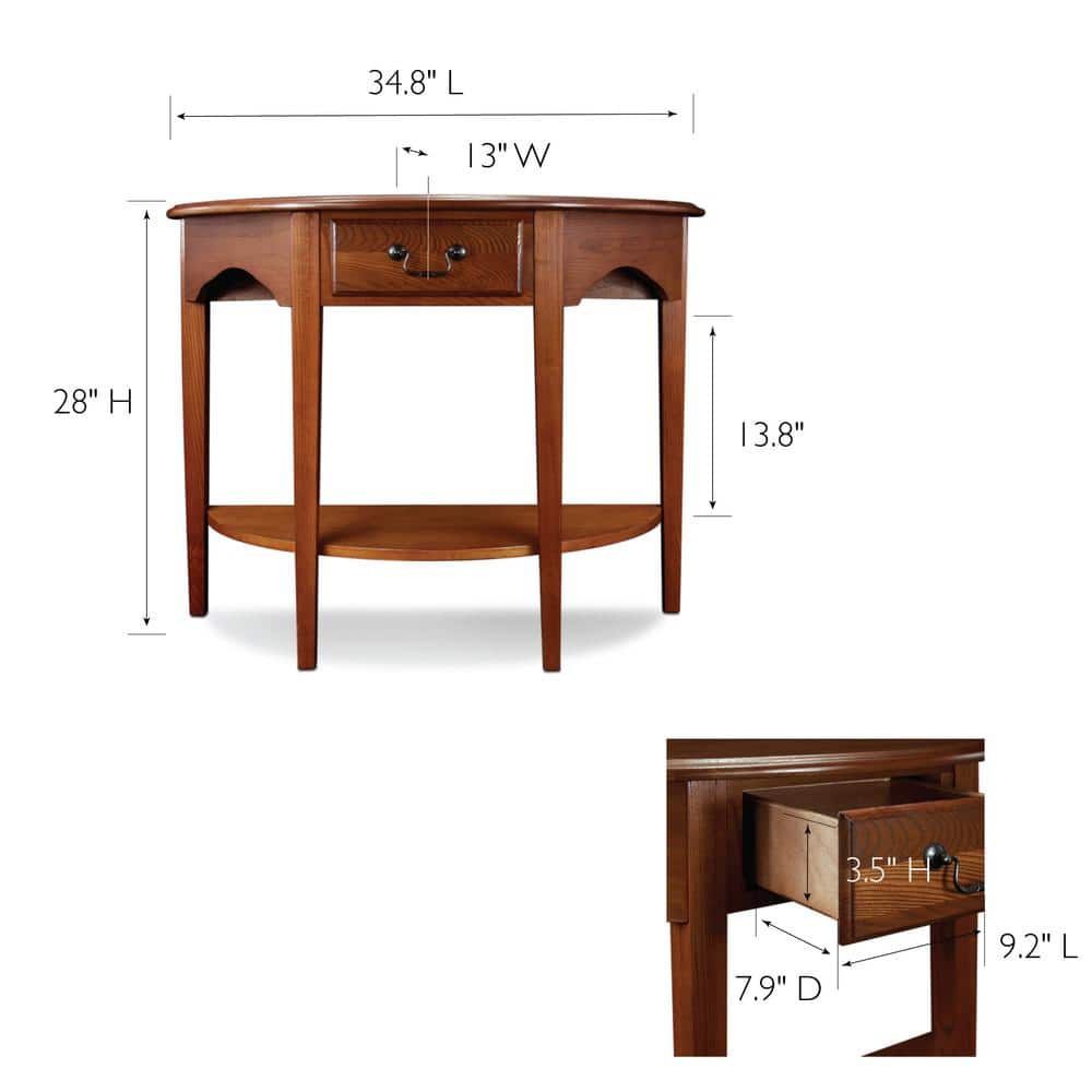 Medium Oak Demilune Console Table with Drawer and Shelf