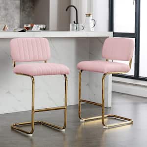 35.83 in. H Pink Armless Bar Chairs Gold Metal Chrome Base Bar Stools, Upholstered Boucle Fabric Counter Stools