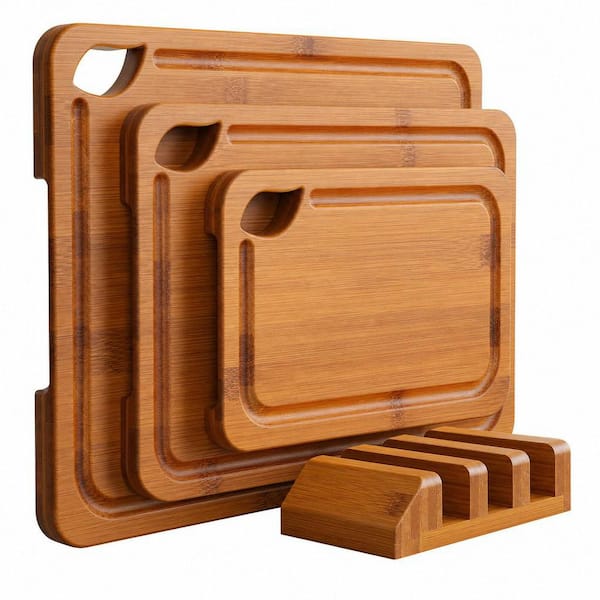 3-Piece Deep-Carbonized Bamboo Cutting Board Set with Wood Storage Stand and Easy-Grip Handles, Hand Wash Only
