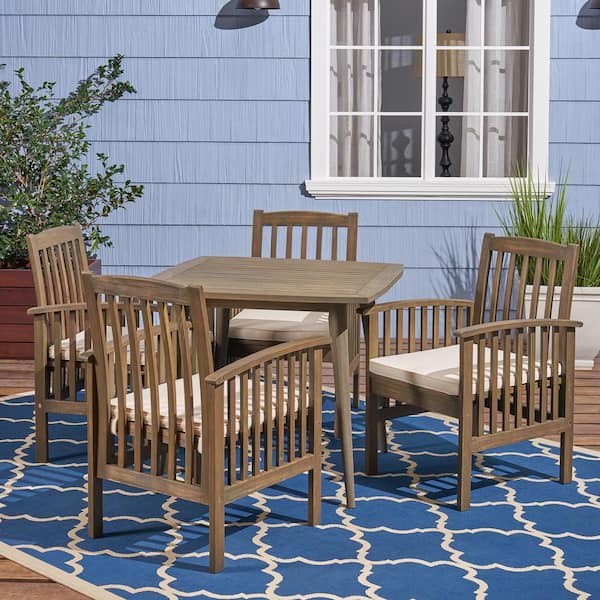 Noble House Casa 30 in. Grey 5-Piece Wood Square Outdoor Dining Set with Cream Cushion