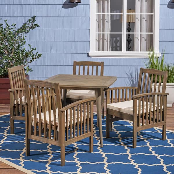 Noble House Casa 30 in. Grey 5-Piece Wood Square Patio Outdoor Dining Set with Cream Cushion